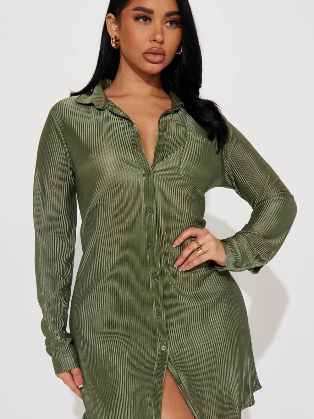 Fashion Nova Olive Ribbed Button Front Shirt Dress Long Sleeve Mini Size M